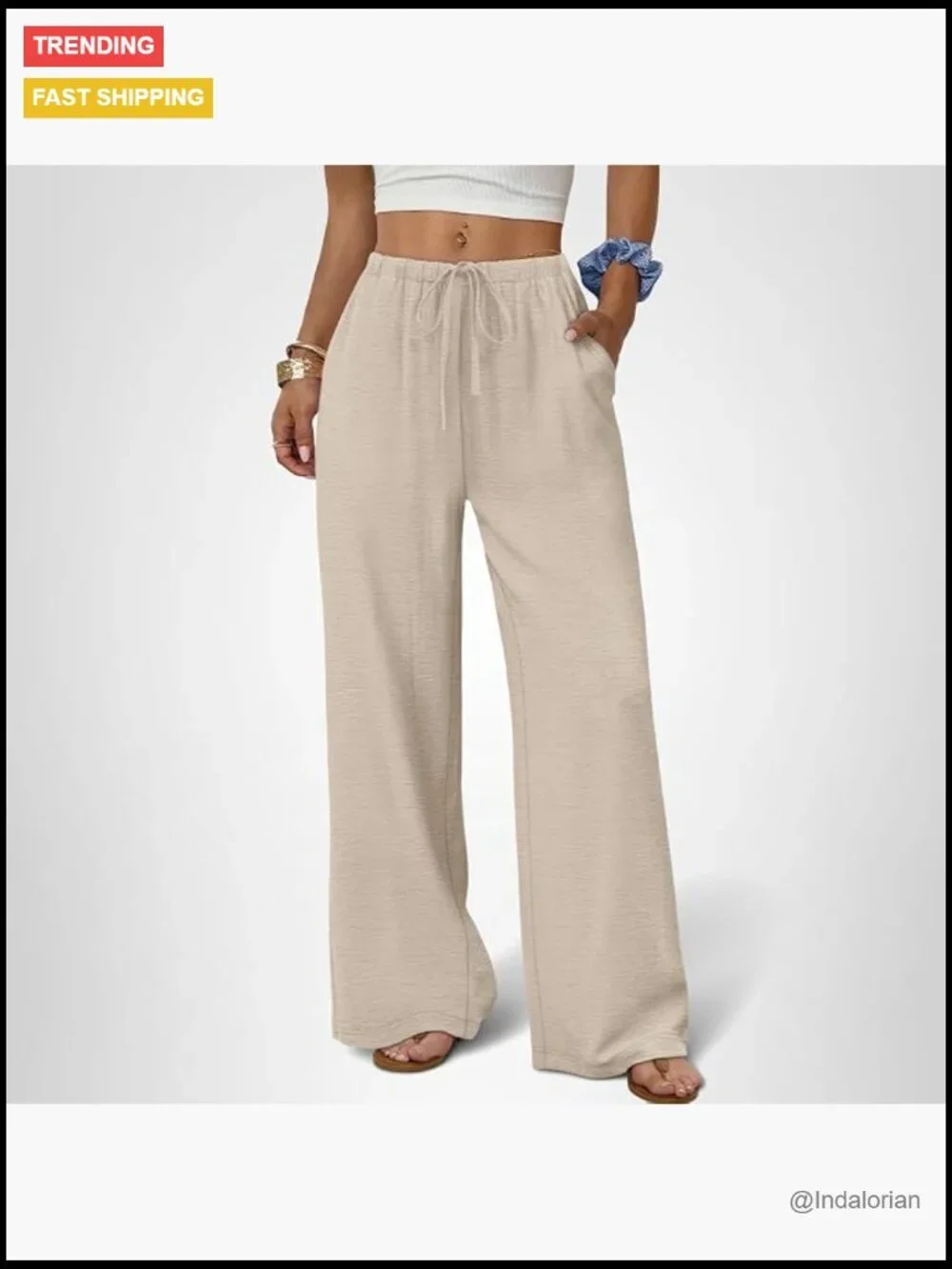 Wide Leg Palazzo Pants Drawstring Elastic Waist Trousers with Pockets Flowy